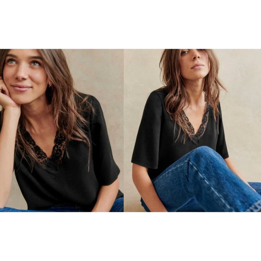 Sézane | Sylla Black Lace Trim Blouse | Sz XS